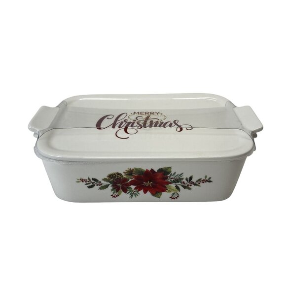 Grace Pantry Elegant Porcelain Christmas Baking Dish w/ Lid Poinsettia Design - Picture 1 of 9